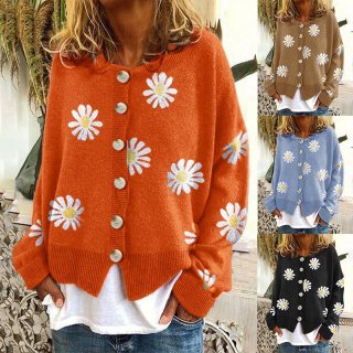 Women's Daisy Embroidered Knit Cardigan Acrylic Nylon Blend Button Down Long Sleeve Sweater Jacket For Daily Casual Elegant Autumn Winter Outerwear