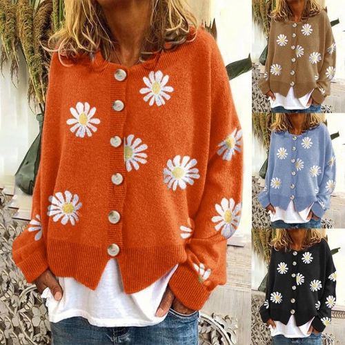 Women's Daisy Embroidered Knit Cardigan Acrylic Nylon Blend Button Down Long Sleeve Sweater Jacket For Daily Casual Elegant Autumn Winter Outerwear