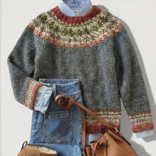 Women's Vintage Fair Isle Knit Sweater Casual Loose Crew Neck Long Sleeve Pullover Autumn Winter Geometric Jacquard Sweater Top For Women