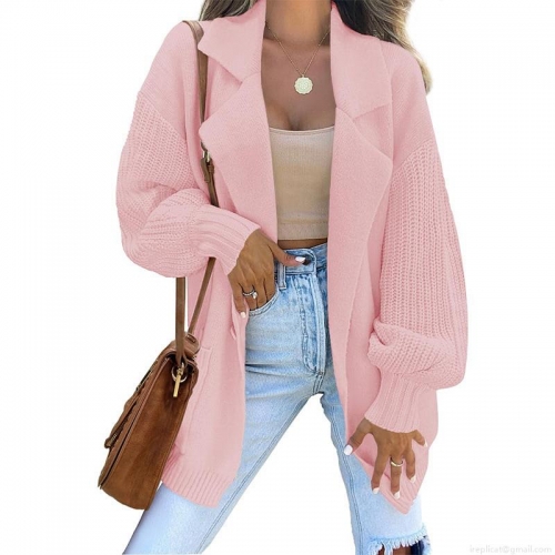 Women's Solid Color Knit Cardigan Sweater Loose Long Sleeve Lapel Button Front Jacket with Pockets Casual Lantern Sleeve Outwear Tops for Autumn Winter