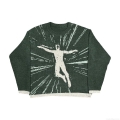 Women's Dark Green Oversized Knitted Sweater Round Neck Long Sleeve Pixel Figure Pattern Embroidery Pullover Jumper For Autumn Winter Streetwear Casual Top