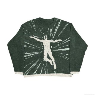 Women's Dark Green Oversized Knitted Sweater Round Neck Long Sleeve Pixel Figure Pattern Embroidery Pullover Jumper For Autumn Winter Streetwear Casual Top