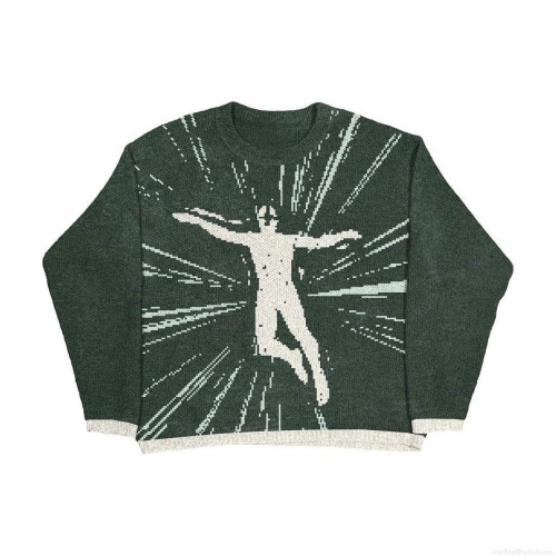 Women's Dark Green Oversized Knitted Sweater Round Neck Long Sleeve Pixel Figure Pattern Embroidery Pullover Jumper For Autumn Winter Streetwear Casual Top
