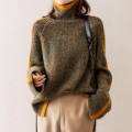 Women High Neck Knit Sweater Thickened Retro Japanese Style Color Block Striped Pullover Long Sleeve Loose Fit Warm Knitwear Autumn Winter Casual Outerwear