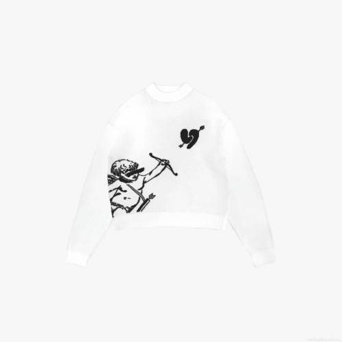 Y2K High Street Loose Fit Pullover Sweater Core Spun Yarn Featuring Cupid Jacquard And Loyalty Letter Print For Unisex Adult Casual Streetwear Knitwear
