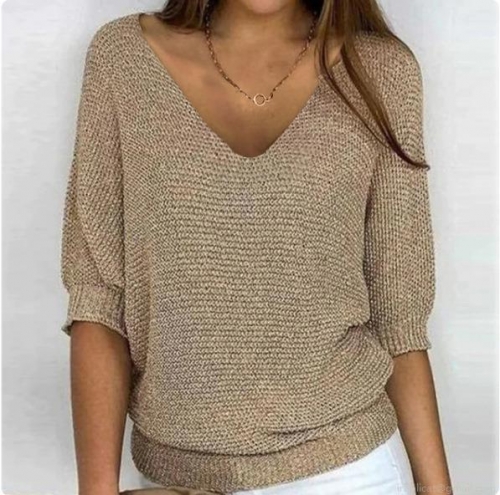 Women's Casual V Neck 3/4 Sleeve Knit Sweater Loose Batwing Sleeve Solid Color Polyester Pullover Top For Daily Wear Soft Knitwear