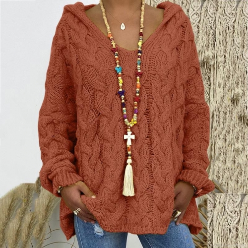 Women's Cable Knit Hooded Sweater Mohair Blend Loose Fit V-Neck Jumper Boho Style Oversized Pullover Long Sleeve Autumn Winter Casual Knitwear