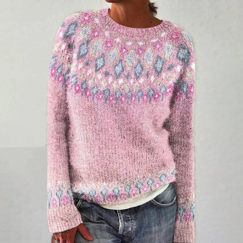Women's Loose Knitted Blend Sweater Round Neck Color Block Geometric Jacquard Pullover Long Sleeve Commuter Knitwear Top For Autumn Winter