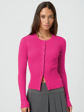 Women's Y2K Ribbed Knit Cardigan Round Neck Button Up Slim Fit Long Sleeve Sweater Top Polyester Viscose Elastane Blend Fall Winter Fashion Solid Color Knitwear Blouse