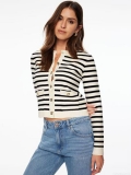 Women's Elegant Striped Knit Cardigan Slim Fit Short Jacket With Gold Metal Buttons Contrast Color Long Sleeve Cotton Blend Top For Daily Office Work