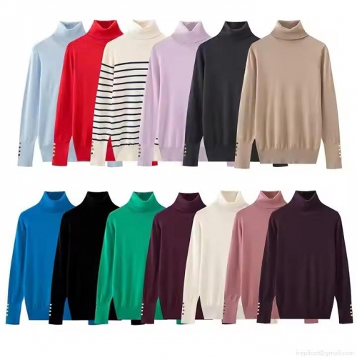 Women's Slim Fit Turtleneck Knit Sweater 100% Polyester Ribbed Long Sleeve Top With Gold Decorative Buttons Casual Solid Striped Winter Pullover