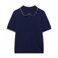 Women Peter Pan Collar Short Sleeve Knitted Top Casual Scalloped Edge Pullover Shirt Preppy Style Breathable Soft Knitwear Summer Tops