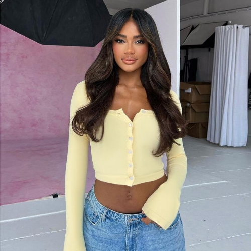 Women's Sweet Square Neck Knitted Cardigan Long Sleeve Slim Fit Short Crop Top Button Ribbed Knit Shirt for Spring Autumn Daily