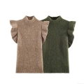 Women's Sleeveless Ruffle Shoulder Knit Top Elegant High Neck Solid Color Polyester Slim Fit Casual Vest For Spring Daily Dating Women Clothing Soft Warm Lightweight Pullover Layered Shoulder Decoration Modern Chic