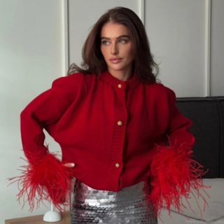 Women's Knitted Cardigan Sweater With Faux Feather Cuffs Gold Button Single Breasted Long Sleeve Solid Color Knitwear Top For Party Casual Women