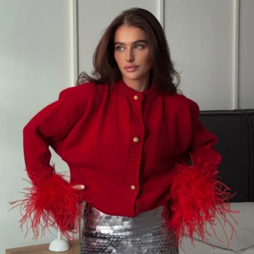 Women's Knitted Cardigan Sweater With Faux Feather Cuffs Gold Button Single Breasted Long Sleeve Solid Color Knitwear Top For Party Casual Women