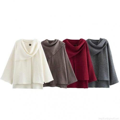 Women's Casual Knitted Poncho Cardigan With Scarf Collar Button Detail Loose Fit Batwing Sleeve Sweater Wrap For Autumn Winter Ladies Outerwear