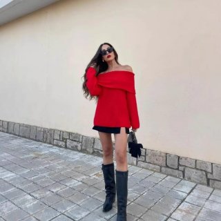 Women's Sexy Off Shoulder Long Sleeve Knitted Sweater Casual Solid Color Foldover Collar Loose Fit Pullover Knitwear Tops For Women
