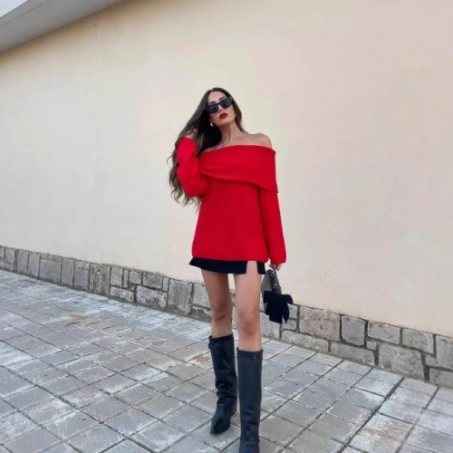 Women's Sexy Off Shoulder Long Sleeve Knitted Sweater Casual Solid Color Foldover Collar Loose Fit Pullover Knitwear Tops For Women
