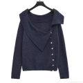 Women Asymmetric Button Knitted Sweater Slash Neck Long Sleeve Pullover Soft Polyester Regenerated Cellulose Fiber Blend Loose Fit Solid Color Knit Top For Autumn Casual Daily Wear