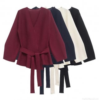 Women's Elegant V-Neck Wrap Knit Top Long Sleeve Peplum Sweater With Belt Slim Fit Solid Color Polyester Cardigan For Daily Casual Office Party