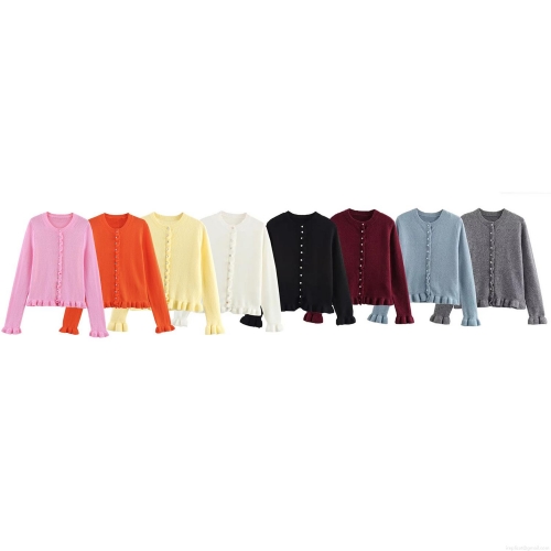 Women's Ruffle Trim Knit Cardigan Sweet Round Neck Long Sleeve Button Down Sweater Casual Solid Color Ruffled Edges Knitwear Top For Women Ladies