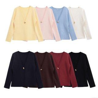 Women Mercerized Cotton V-Neck Knit Cardigan Elegant Solid Color Long Sleeve Loose Sweater Jacket with Gold Button for Office Party Casual Wear