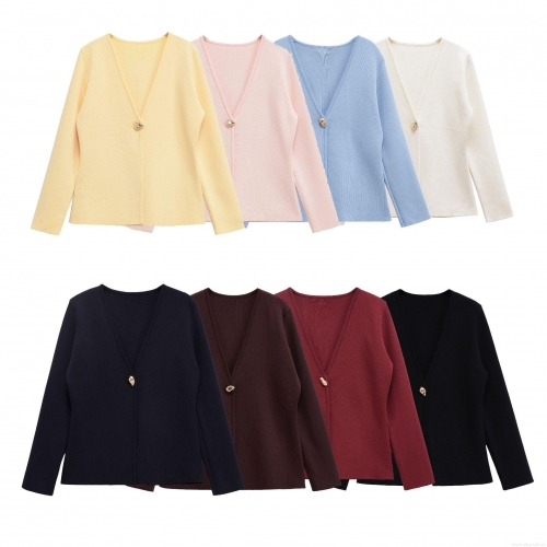 Women Mercerized Cotton V-Neck Knit Cardigan Elegant Solid Color Long Sleeve Loose Sweater Jacket with Gold Button for Office Party Casual Wear