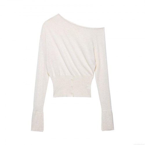 Women's Off-Shoulder Knit Sweater Long Sleeve Slim Fit Pullover With Side Decorative Buttons Solid Color Polyester Fine Knit Top For Daily Outing