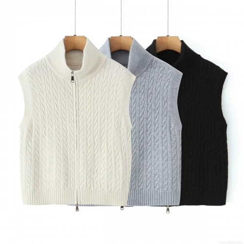 Vintage Women's Cable Knit Vest Polyester Standing Collar Zipper Up Sleeveless Sweater Vest Solid Color Retro Casual Knitwear Top For Daily Outwear Vintage Women's Cable Knit Vest Polyester Standing Collar Zipper Up Sleeveless Sweater Vest Solid Color Retro Casual Knitwear Top For Daily Outwear