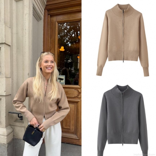 Women's Knit Cardigan Sweater Stand Collar Full Zipper Long Sleeve Ribbed Solid Color Slim Fit Short Outerwear For Women Casual Elegant Office Wear