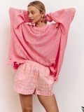 Women's Casual Oversized Distressed Hollow Out Knit Sweater Cotton Acrylic Blend Lazy Style Round Neck Long Sleeve Pullover Tops Streetwear
