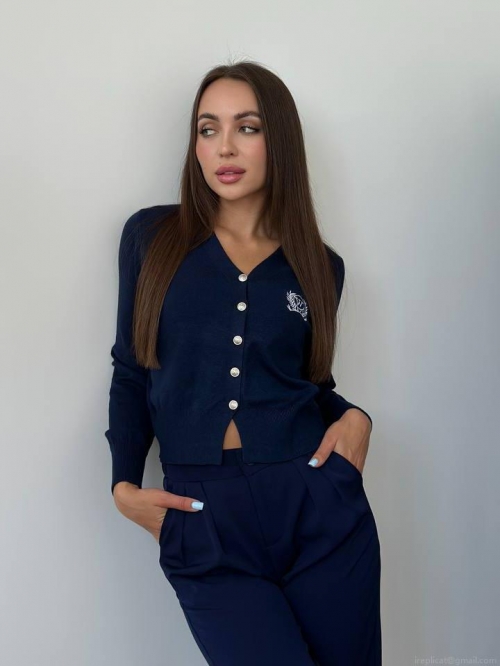 Women Preppy Style V-Neck Knitted Cardigan Sweater Cotton Acrylic Blend Embroidered W Logo Single Breasted Short Jacket For School Office Daily Casual Outwear