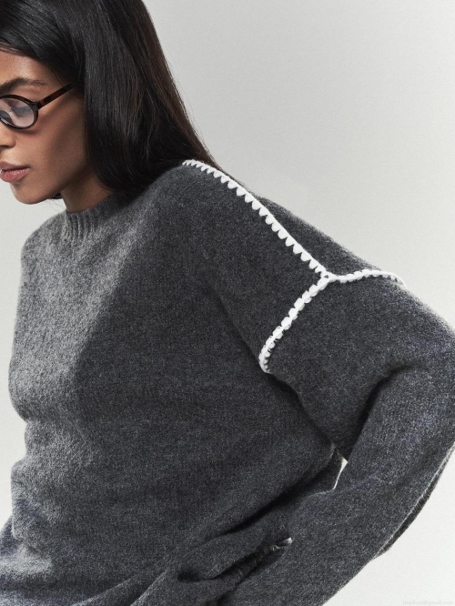 Women's Loose Knit Sweater Acrylic Wool Blend Contrast Stitching Round Neck Drop Shoulder Pullover Jumper For Autumn Winter Elegant Minimalist Tops