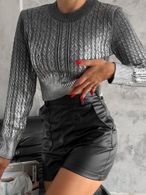 Women's Metallic Silver Coated Knit Sweater Round Neck Long Sleeve Crop Top Cable Knit Pullover American Street Style Fashion Autumn Winter Shiny Jumper Women's Metallic Silver Coated Knit Sweater Round Neck Long Sleeve Crop Top Cable Knit Pullover American Street Style Fashion Autumn Winter Shiny Jumper
