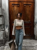 Women Sexy Hollow Out Knit Sweater Cotton Blend Long Sleeve Round Neck Perspective Mesh Crop Top Pullover Casual Streetwear Jumper Navel Exposed Knitwear
