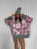 Women's Oversized Knit Sweater Cotton Blend Rabbit Jacquard Long Sleeve Pullover Casual Lazy Style Autumn Winter Warm Knitwear Top