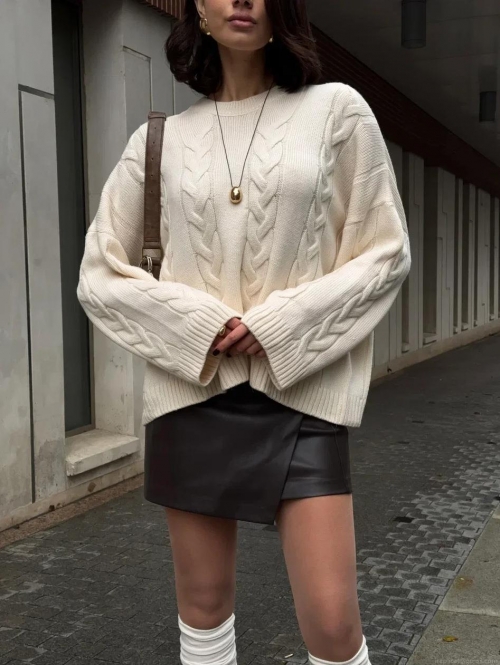Women's Loose Cable Knit Sweater Casual Cotton Blend Knitted Crew Neck Drop Shoulder Long Sleeve Solid Color Lazy Style Warm Autumn Winter Tops