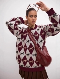 Women Vintage Argyle Horse Jacquard Knit Sweater British Academy Style Retro Loose Fit Cotton Blend Long Sleeve Round Neck Pullover Top