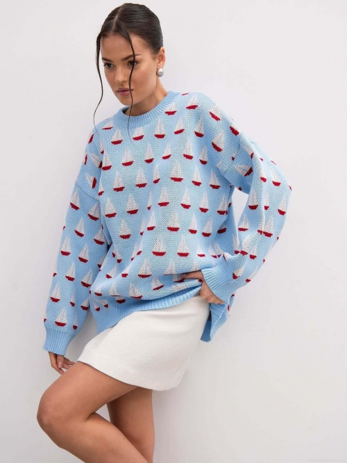 Women's Sailboat Pattern Jacquard Knitted Sweater Casual Loose Round Neck Long Sleeve Pullover Cotton Blend Autumn Winter Fashion Jumper Tops Women's Sailboat Pattern Jacquard Knitted Sweater Casual Loose Round Neck Long Sleeve Pullover Cotton Blend Autumn Winter Fashion Jumper Tops