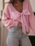 Women V Neck Knitted Sweater With Large Striped Bow Backless Loose Pullover Long Lantern Sleeve Soft Casual Elegant Jumper Tops For Women