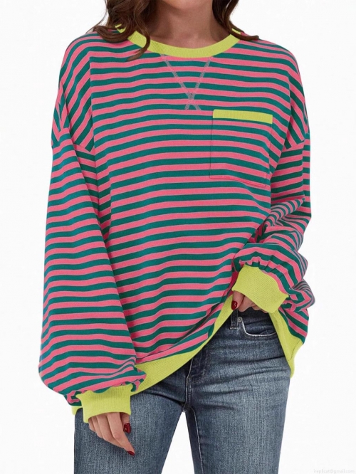 Women's Casual Striped Crew Neck Sweatshirt Loose Fit Color Block Long Sleeve Pullover Top With Chest Pocket Soft Comfortable Autumn Winter Warm Fashion Hoodies Women's Casual Striped Crew Neck Sweatshirt Loose Fit Color Block Long Sleeve Pullover Top With Chest Pocket Soft Comfortable Autumn Winter Warm Fashion Hoodies