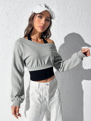 Women's Sexy Off The Shoulder Crop Sweatshirt Long Sleeve Patchwork Knit Top Heather Gray Streetwear Casual Slim Fit Pullover Jumper For Ladies Women's Sexy Off The Shoulder Crop Sweatshirt Long Sleeve Patchwork Knit Top Heather Gray Streetwear Casual Slim Fit Pullover Jumper For Ladies
