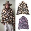 Women's Floral Print Sherpa Fleece Sweatshirt Half Zip Stand Collar Loose Pullover Hoodie With Kangaroo Pocket Casual Winter Streetwear Top