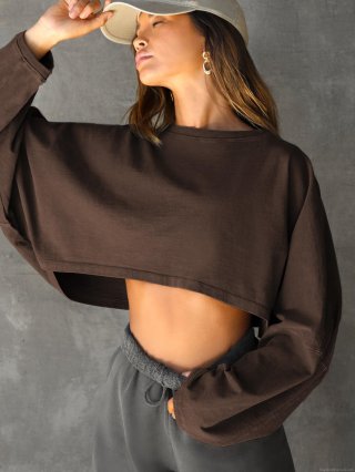 Women's Cropped Sweatshirt Knit Cotton Round Neck Long Sleeve Pullover Navel-Baring Drop Shoulder Streetwear Casual Sporty Fashion Top