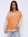 Women's Contrast Color Striped Long Sleeve Polo Sweatshirt Loose Fit Viscose Blend Pullover Side Split Casual Fashion Top Streetwear