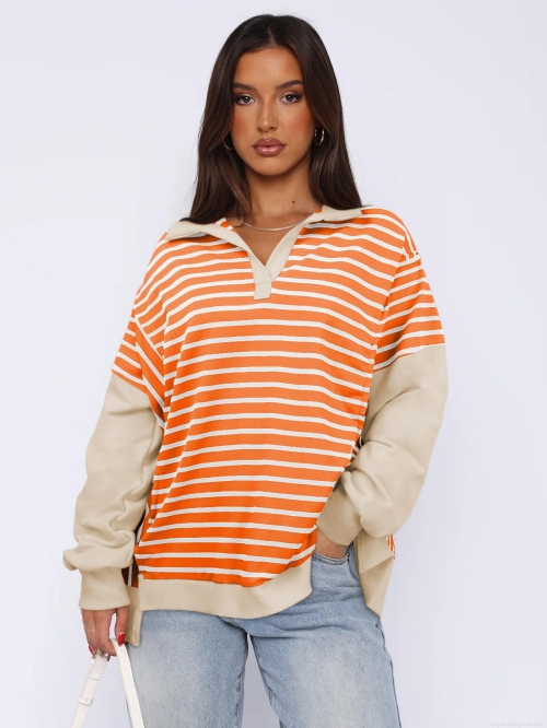 Women's Contrast Color Striped Long Sleeve Polo Sweatshirt Loose Fit Viscose Blend Pullover Side Split Casual Fashion Top Streetwear Women's Contrast Color Striped Long Sleeve Polo Sweatshirt Loose Fit Viscose Blend Pullover Side Split Casual Fashion Top Streetwear