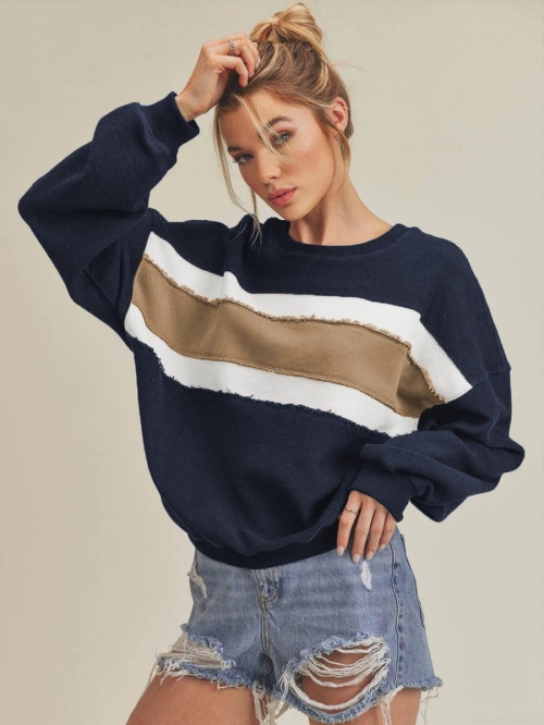 Women's Loose Contrast Color Patchwork Sweatshirt Long Sleeve Round Neck Pullover Top with Raw Edge Detail for Autumn Winter Casual Streetwear Women's Loose Contrast Color Patchwork Sweatshirt Long Sleeve Round Neck Pullover Top with Raw Edge Detail for Autumn Winter Casual Streetwear