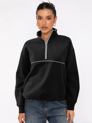 Women's Half Zip Sweatshirt Contrast Color Piping Fleece Pullover Loose Fit Stand Collar Long Sleeve Casual Sports Top For Women