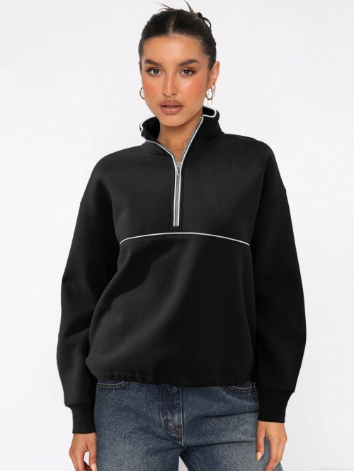 Women's Half Zip Sweatshirt Contrast Color Piping Fleece Pullover Loose Fit Stand Collar Long Sleeve Casual Sports Top For Women